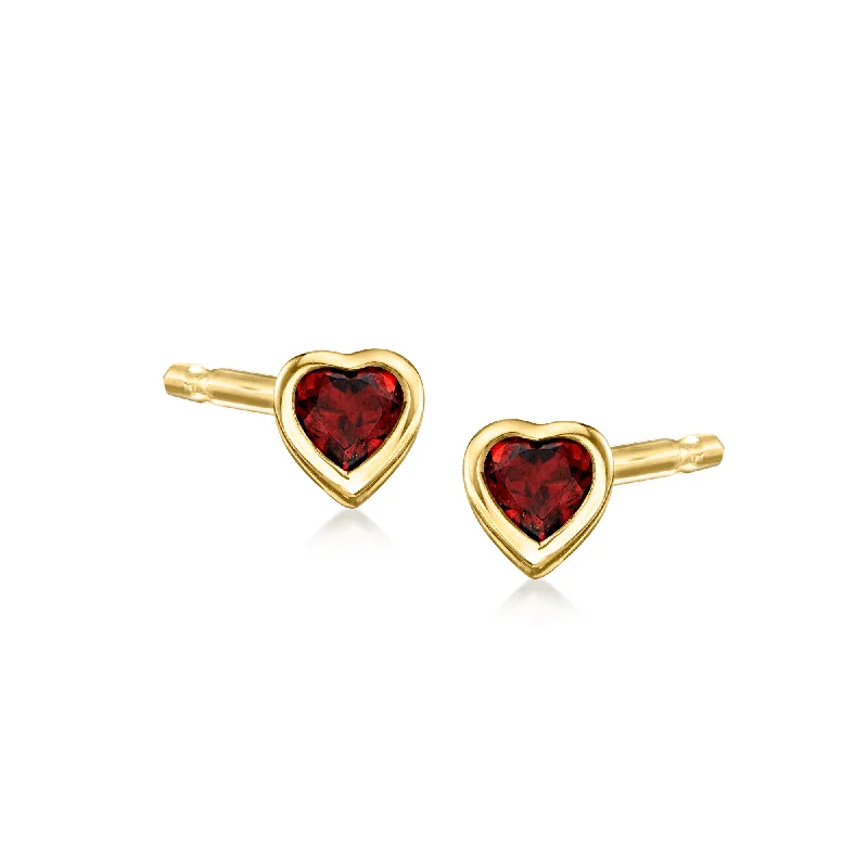 RS Pure by Ross-Simons Garnet Heart Stud Earrings in 14kt Yellow Gold