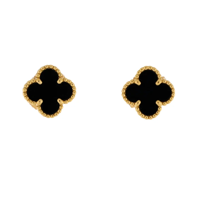 Sweet Alhambra Stud Earrings 18K Yellow Gold and Onyx