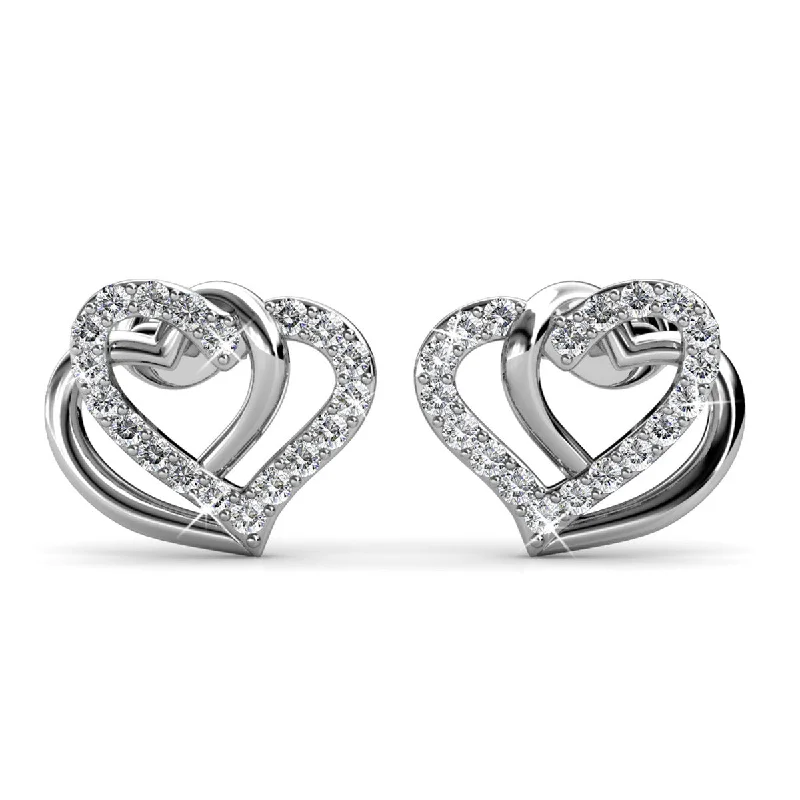 Angela 18k White Gold Plated Silver Double Heart Stud Earrings with Swarovski Crystals