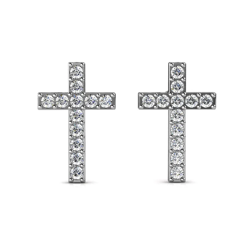 Nayeli 18k White Gold Plated Silver Cross Stud Earrings with Swarovski Crystals