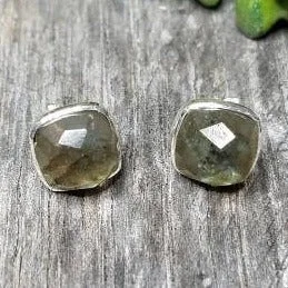 Silver Cushion Stud Earrings - Labradorite