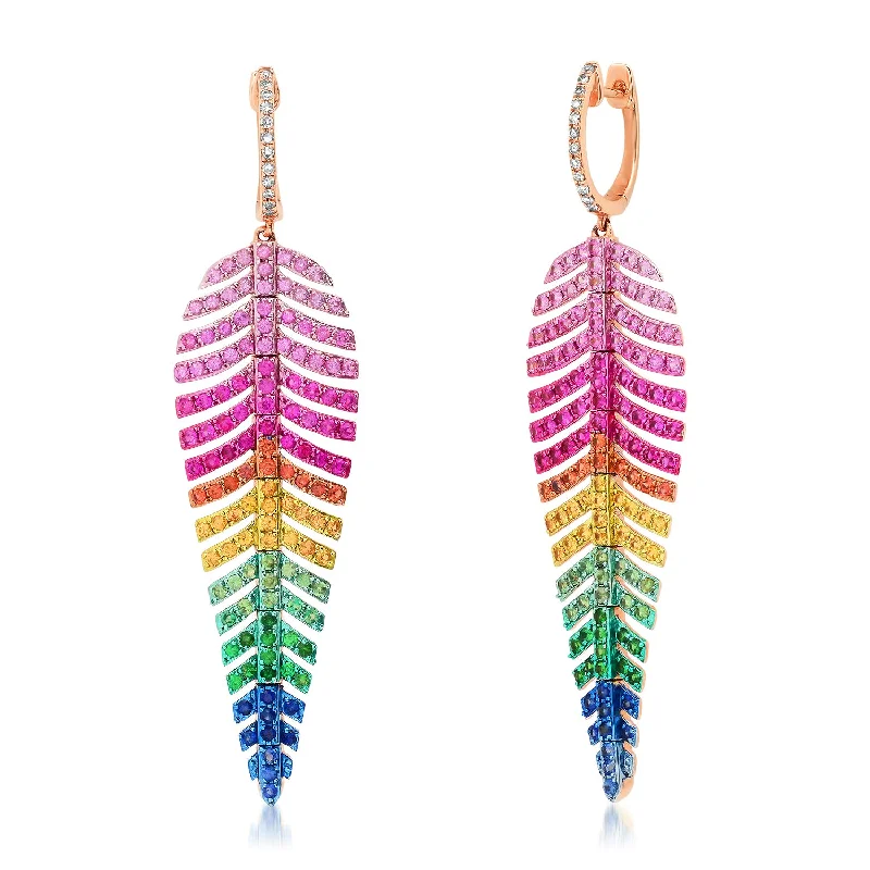Fashion-Forward Geometric Jewelry For Contemporary Style Bold Rainbow Gemstone Fancy Feather Drop Earrings