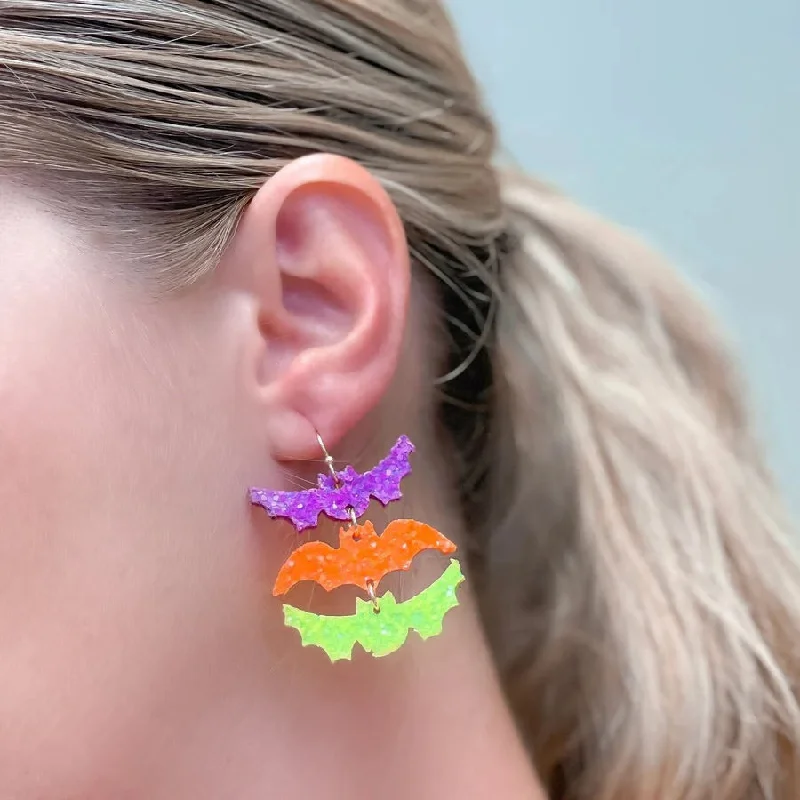 Luxury Jewelry Without The Luxury Price Tag Glitter Bat Trio Dangle Earrings - Neon