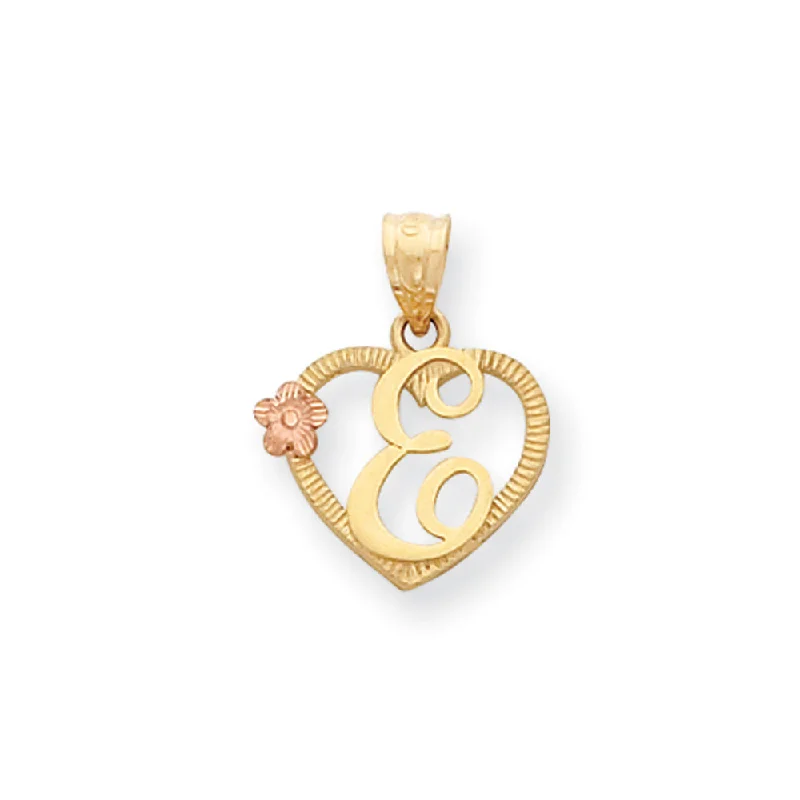 14k Two Tone Gold Grace Collection 15mm Heart Initial E Pendant