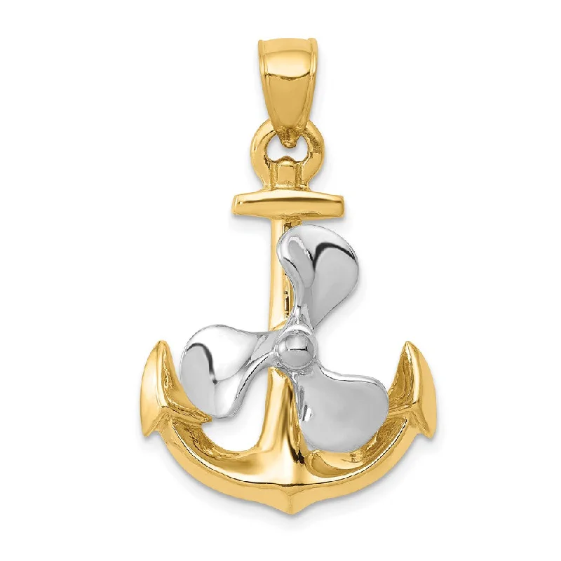 14k Two Tone Gold Polished Anchor and Spinning Propeller Pendant