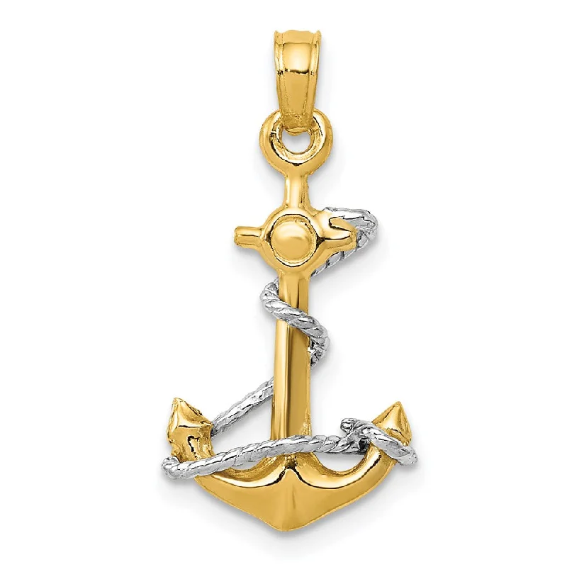 14k Two Tone Gold Small Anchor Adorned with a Rope Pendant