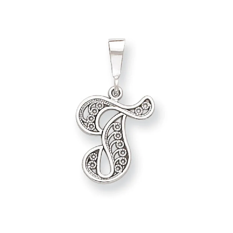 14k White Gold, Maci Collection, Filigree Script Initial T Pendant