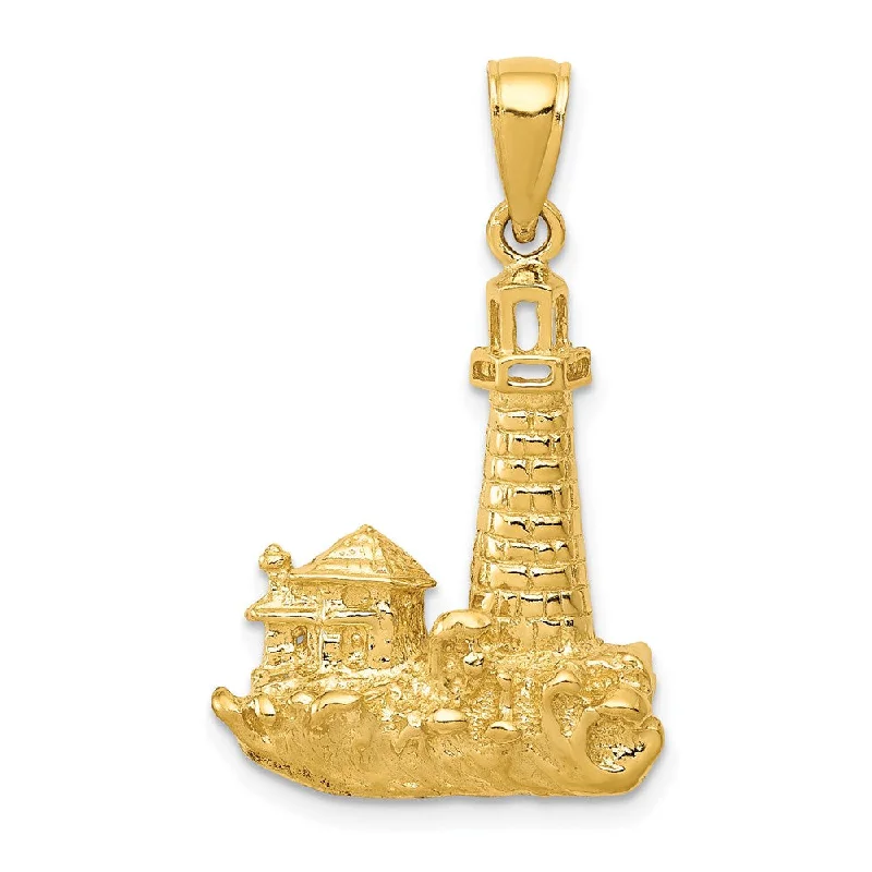 14k Yellow Gold 28mm Wave-washed Lighthouse Pendant