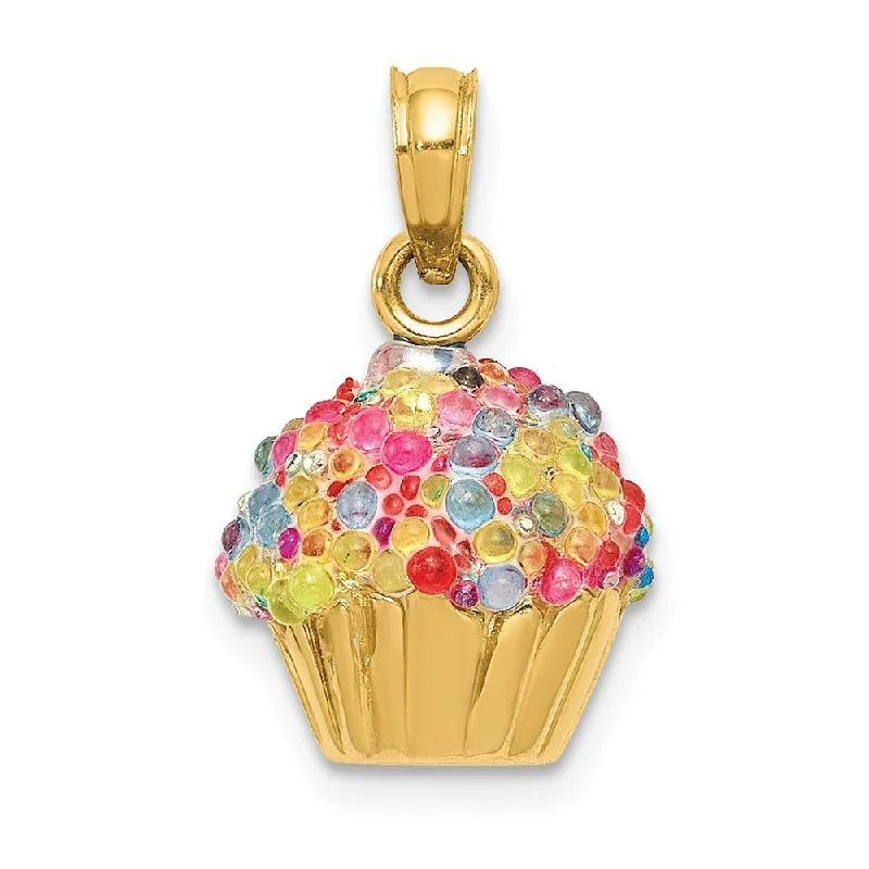 14k Yellow Gold 3D Bead Icing Cupcake Pendant