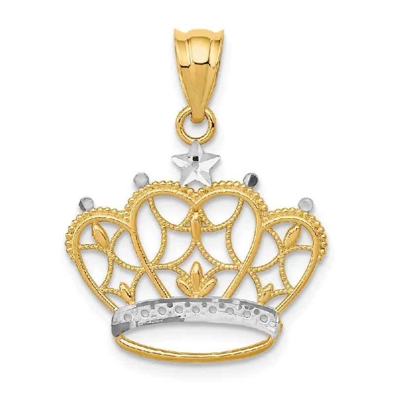 14k Yellow Gold and White Rhodium Two Tone Crown Pendant, 19mm