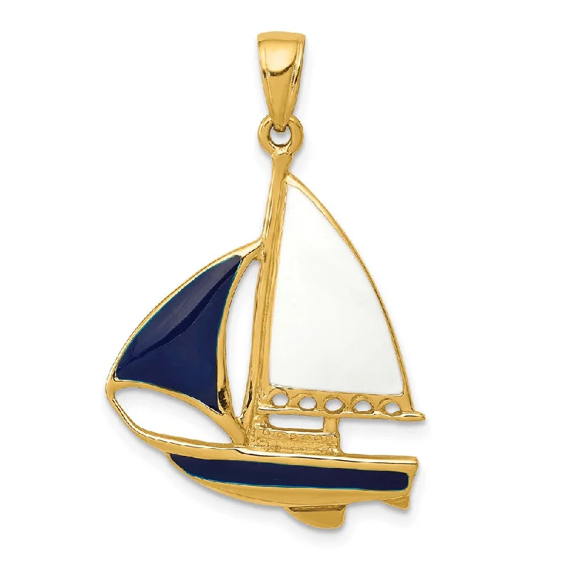 14k Yellow Gold, Blue and White Enameled 2D Sailboat Pendant