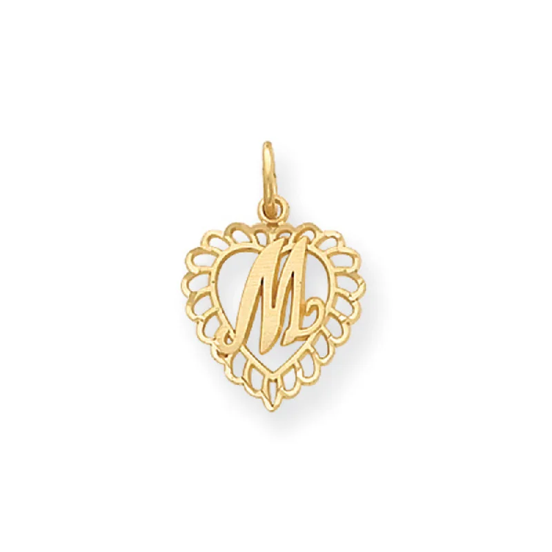 14k Yellow Gold, Grace Collection, Satin Heart Initial M Pendant, 15mm