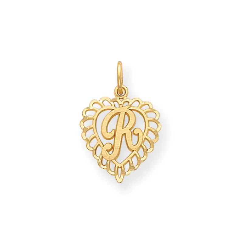 14k Yellow Gold, Grace Collection, Satin Heart Initial R Pendant, 15mm