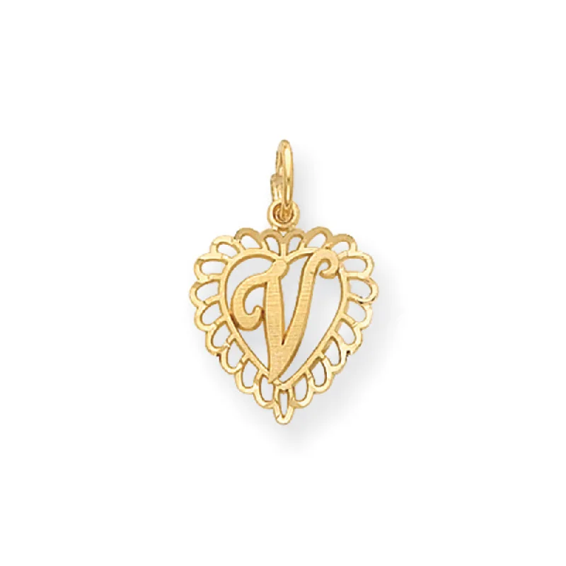 14k Yellow Gold, Grace Collection, Satin Heart Initial V Pendant, 15mm