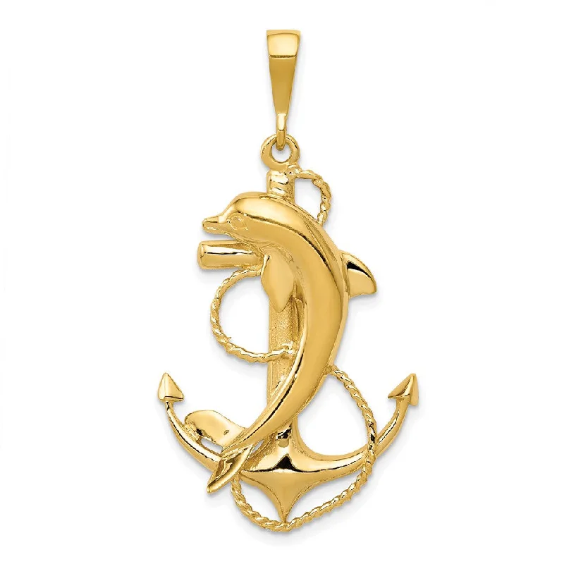 14k Yellow Gold Large Polished Anchor with Dolphin Pendant