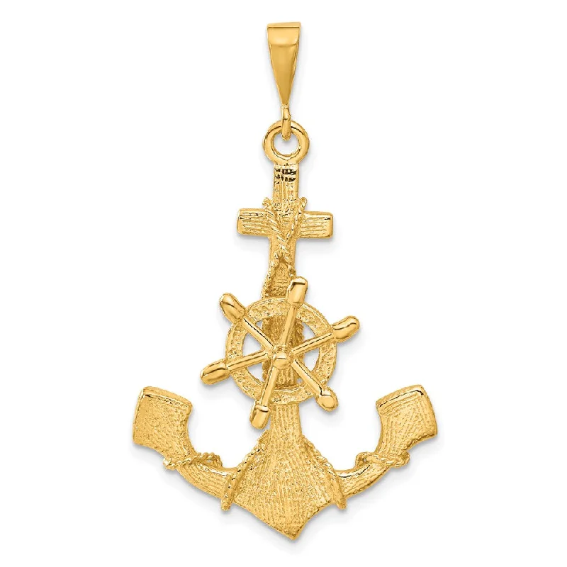 14k Yellow Gold Large Satin Anchor with Wheel and Rope Pendant