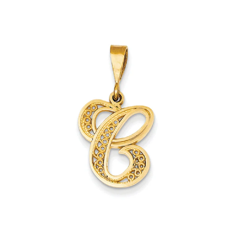 14k Yellow Gold, Maci Collection, LG Filigree Script Initial C Pendant