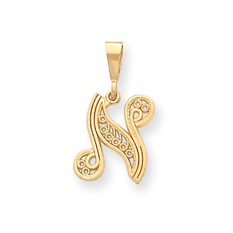 14k Yellow Gold, Maci Collection, LG Filigree Script Initial N Pendant