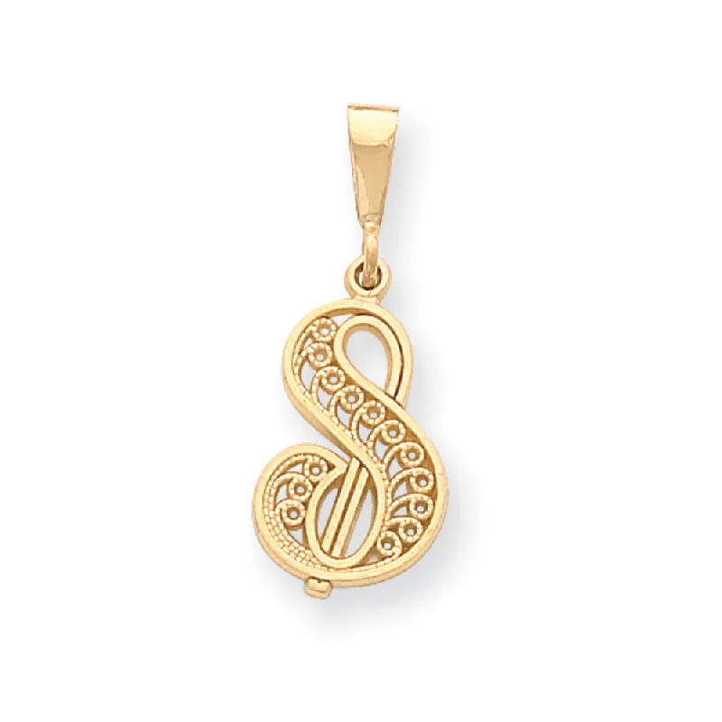 14k Yellow Gold, Maci Collection, LG Filigree Script Initial S Pendant