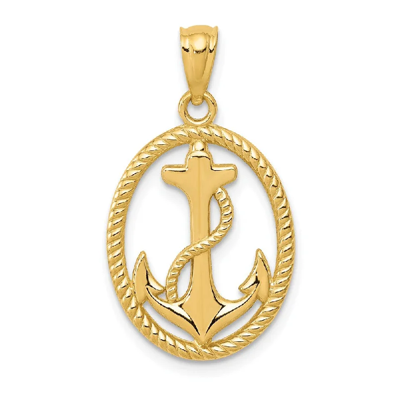 14k Yellow Gold Oval Anchor with Rope Pendant, 15 x 25mm