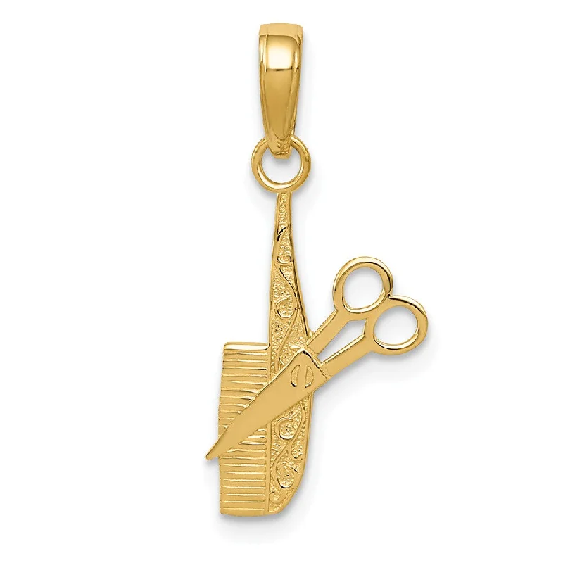 14k Yellow Gold Polished Comb and Scissors Pendant