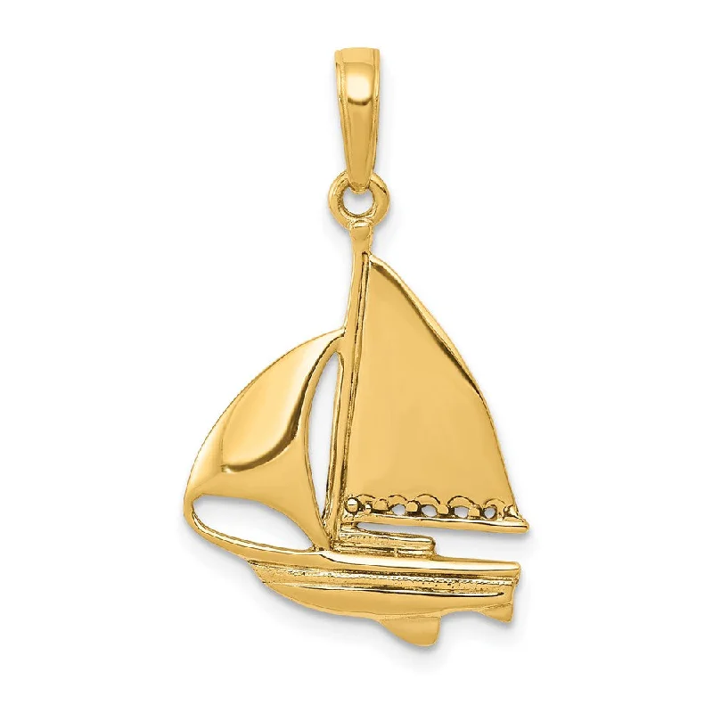 14k Yellow Gold Polished Sailboat Pendant, 17 x 28mm