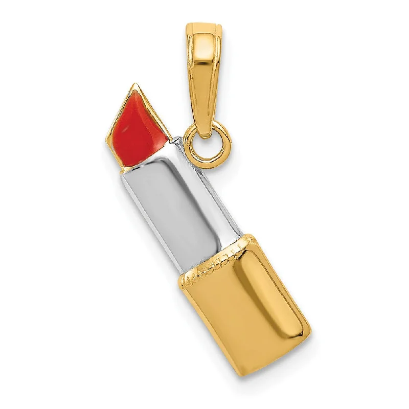 14k Yellow Gold, White Rhodium and Enamel Red Lipstick Pendant