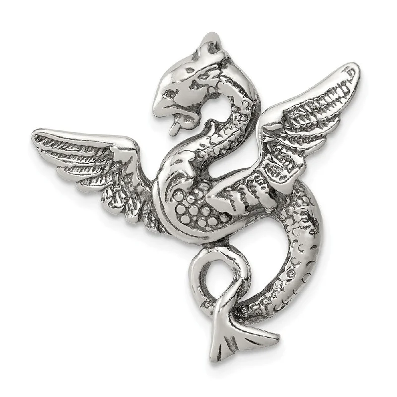 Sterling Silver 26mm Antiqued Dragon Slide Pendant