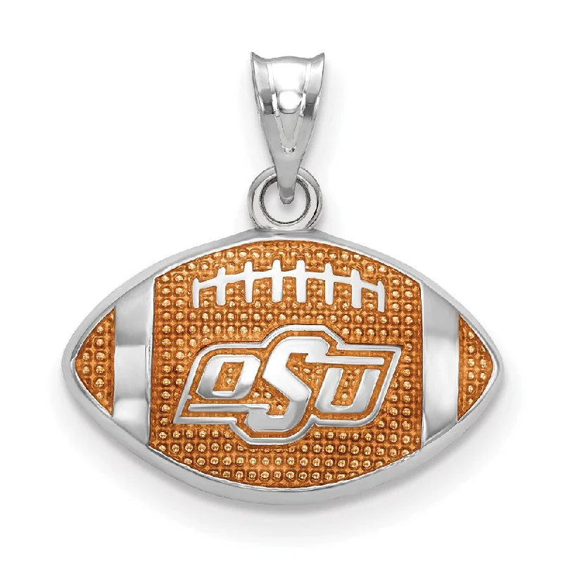 Sterling Silver Rhod-plated Oklahoma State U. Enamel Football Pendant