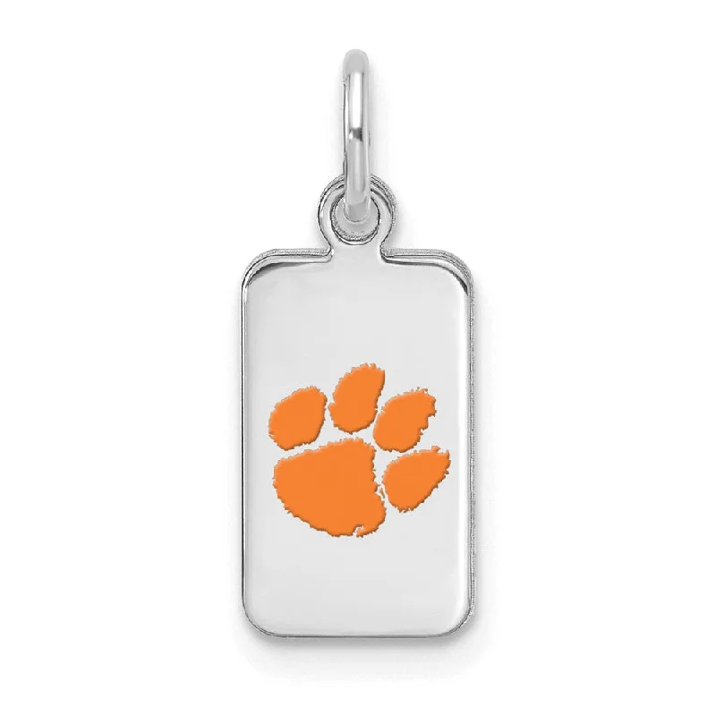 Sterling Silver Rhodium Plated Clemson XS Rectangle Enamel Tag Charm