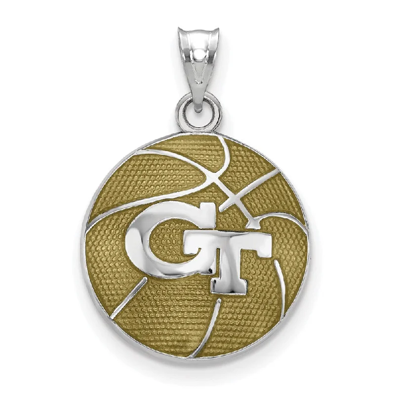 Sterling Silver Rhodium Plated Georgia Tech Enamel Basketball Pendant