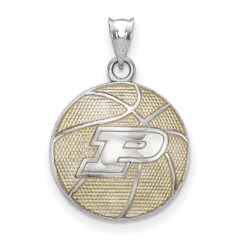 Sterling Silver Rhodium Plated Purdue Enamel Domed Basketball Pendant