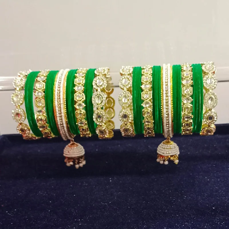 Pooja Bangles Gold Plated Kundan Stone And Pearls Velvet Bangles Set