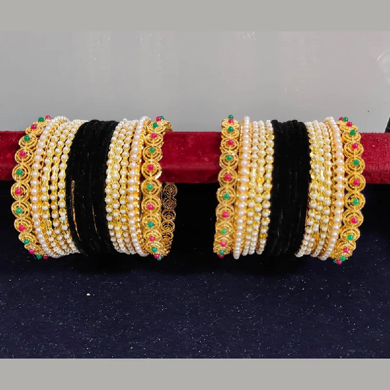 Pooja Bangles Gold Plated Pearls Velvet Bangles Set